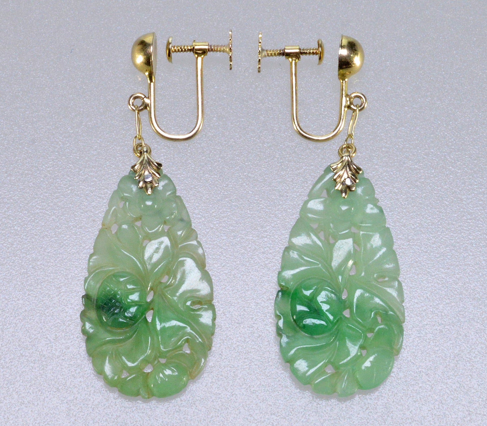 Art Deco Walter Lampl 10K Jadeite Jade Dangle Earrings C.1920