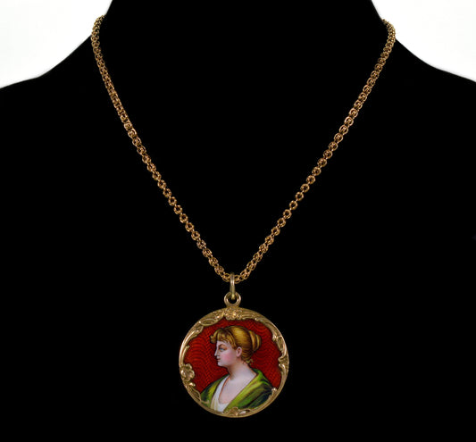 Antique Swiss Enamel Large Portrait Pendant Sterling C.1900