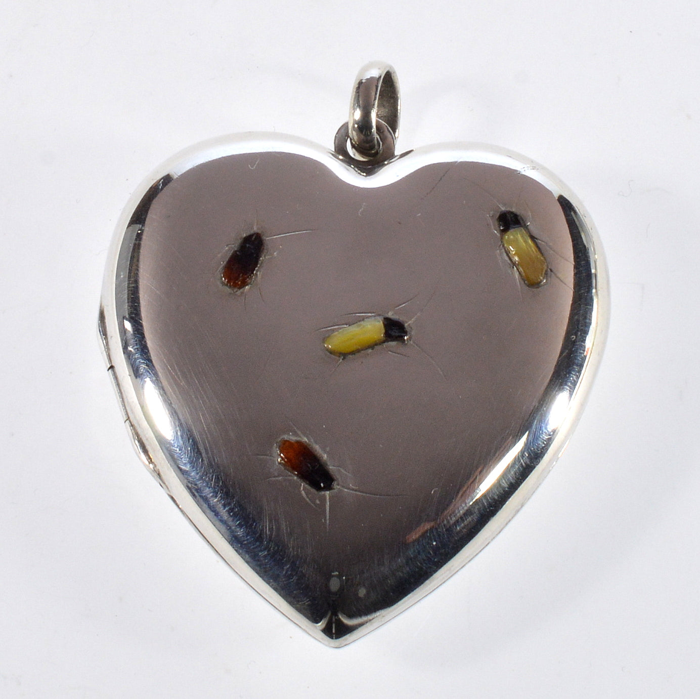 Vintage Japanese Shibayama Insect Sterling Silver Heart Locket Pendant