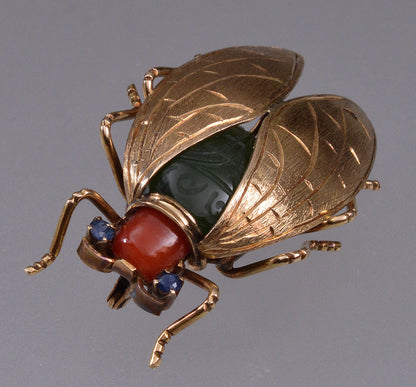 Antique Edwardian 14K Gold Cicada Bug Insect Brooch Pin Jade Coral Sapphire C.1900