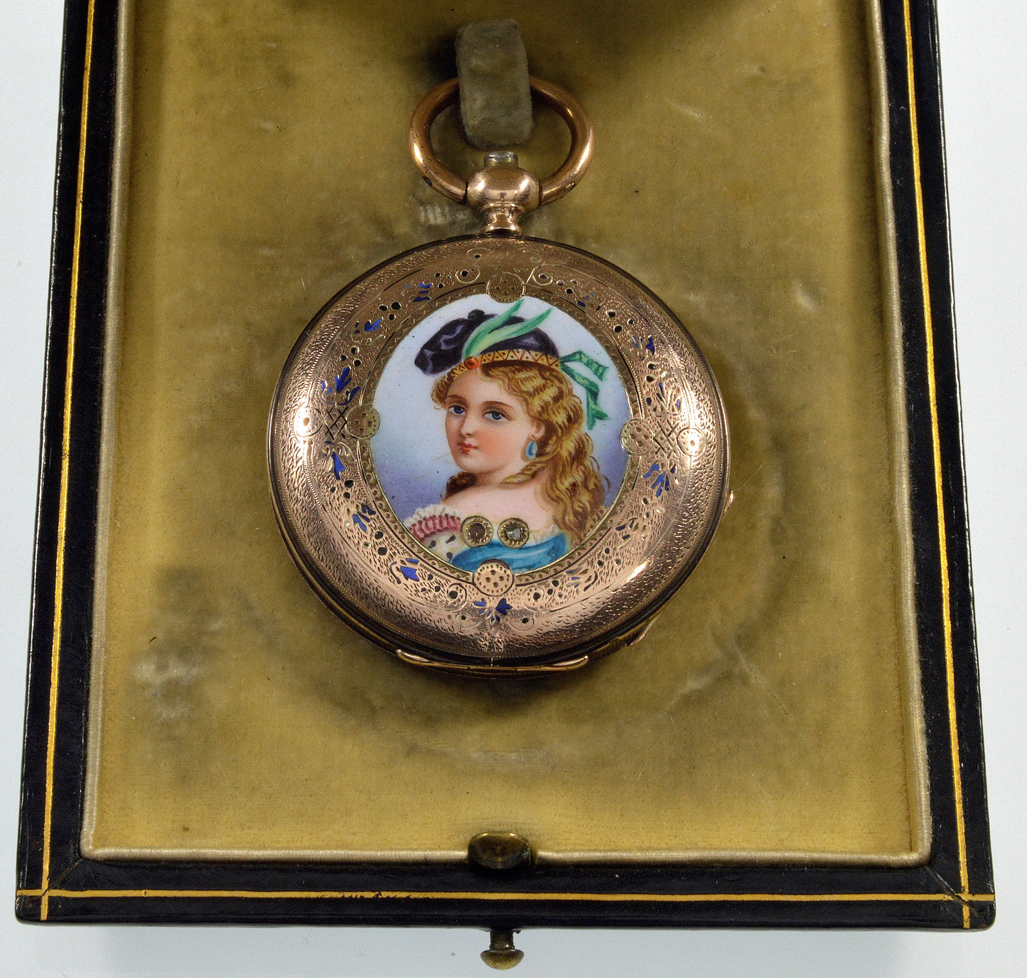 Antique Swiss Polychrome Enamel Pocket Watch Pendant Hunter Case Jacques Roulet Locle C.1880 In Antique Box