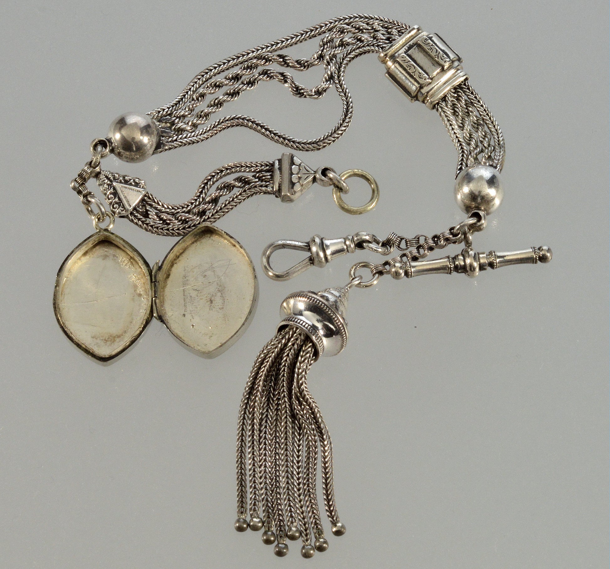 Antique Victorian Shibayama Insect Sterling Locket Tassel Chain Bracelet C.1890