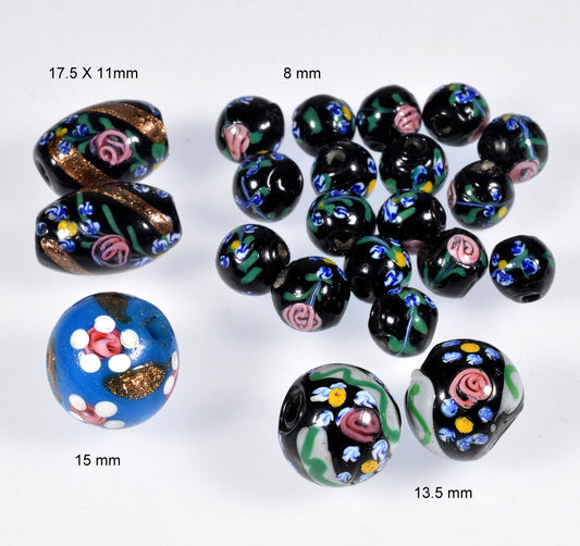 Antique Murano Venetian Hand Painted Glass Beads Lot C.1890