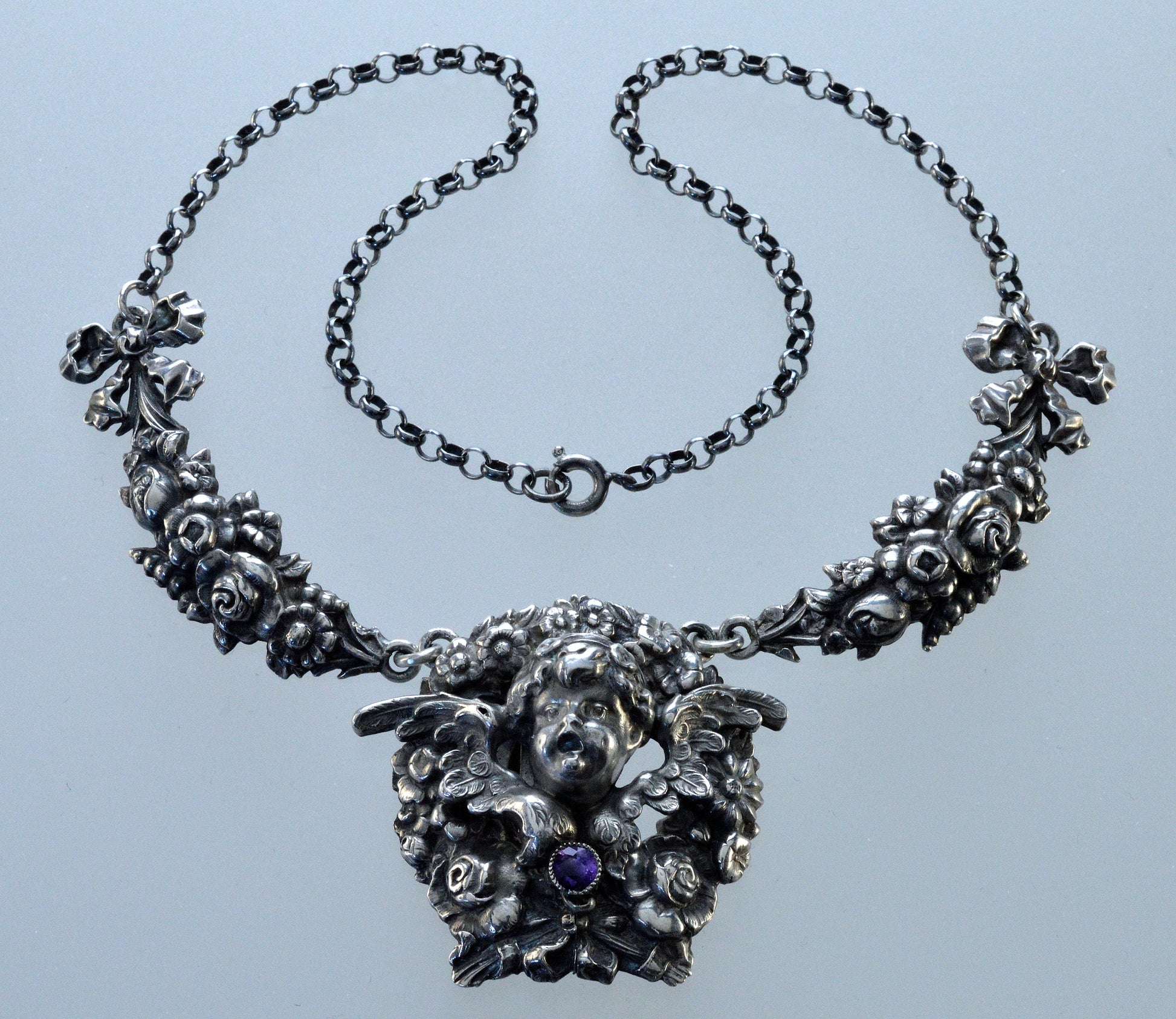 W. Kerr Antique Cherub Sterling Necklace C.1900