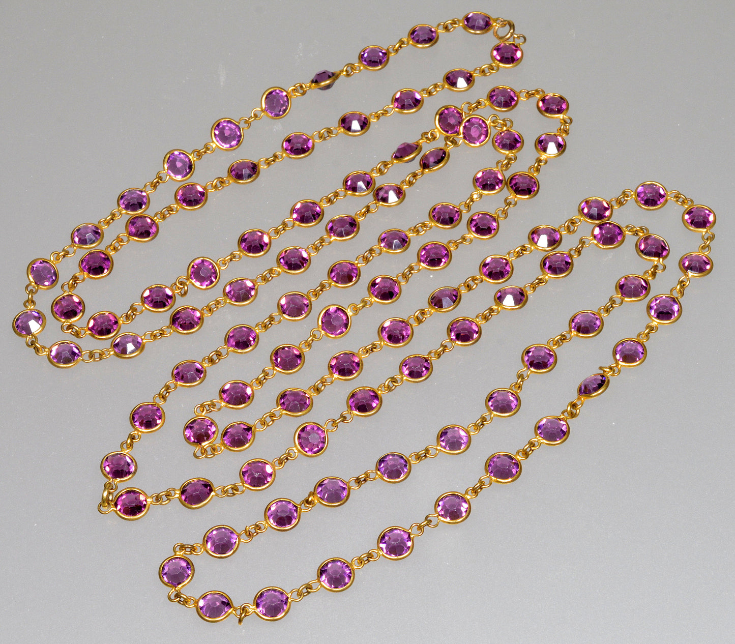 Antique Victorian Amethyst Paste GF Longuard Chain Necklace 58" C.1890