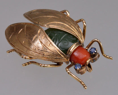 Antique Edwardian 14K Gold Cicada Bug Insect Brooch Pin Jade Coral Sapphire C.1900