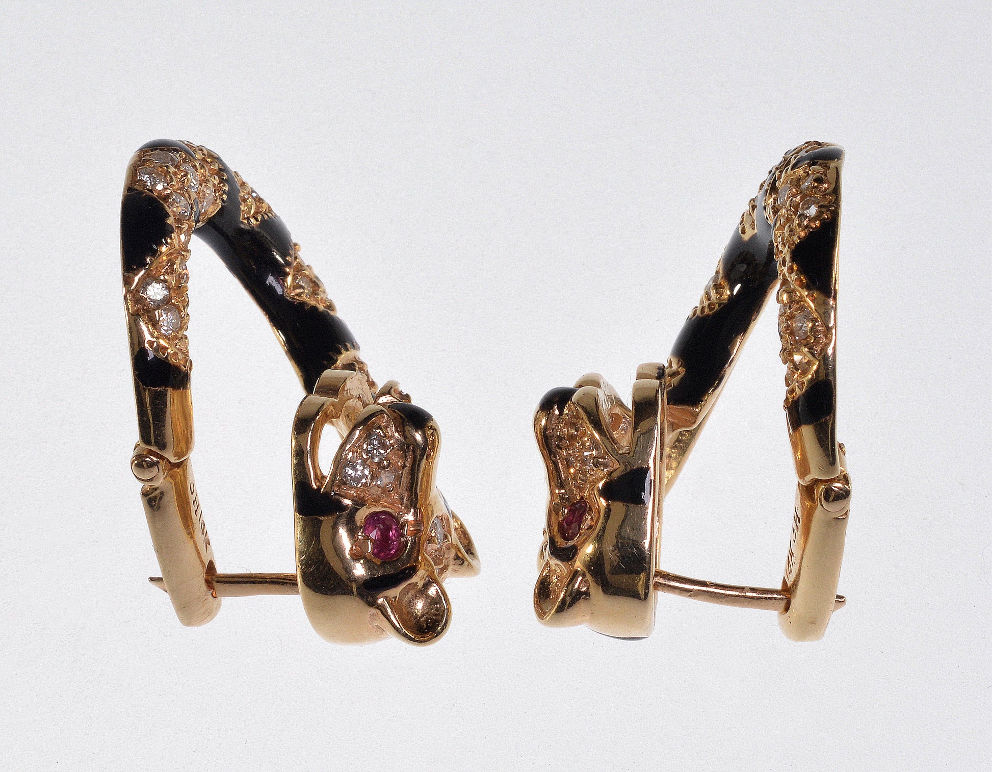 Tiger Earrings 14K Gold Diamond Ruby Enamel C.1960