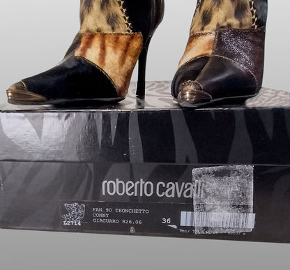Roberto Cavalli Signature Pony Hair Calfskin Jaguar Print Boots 36 with Box