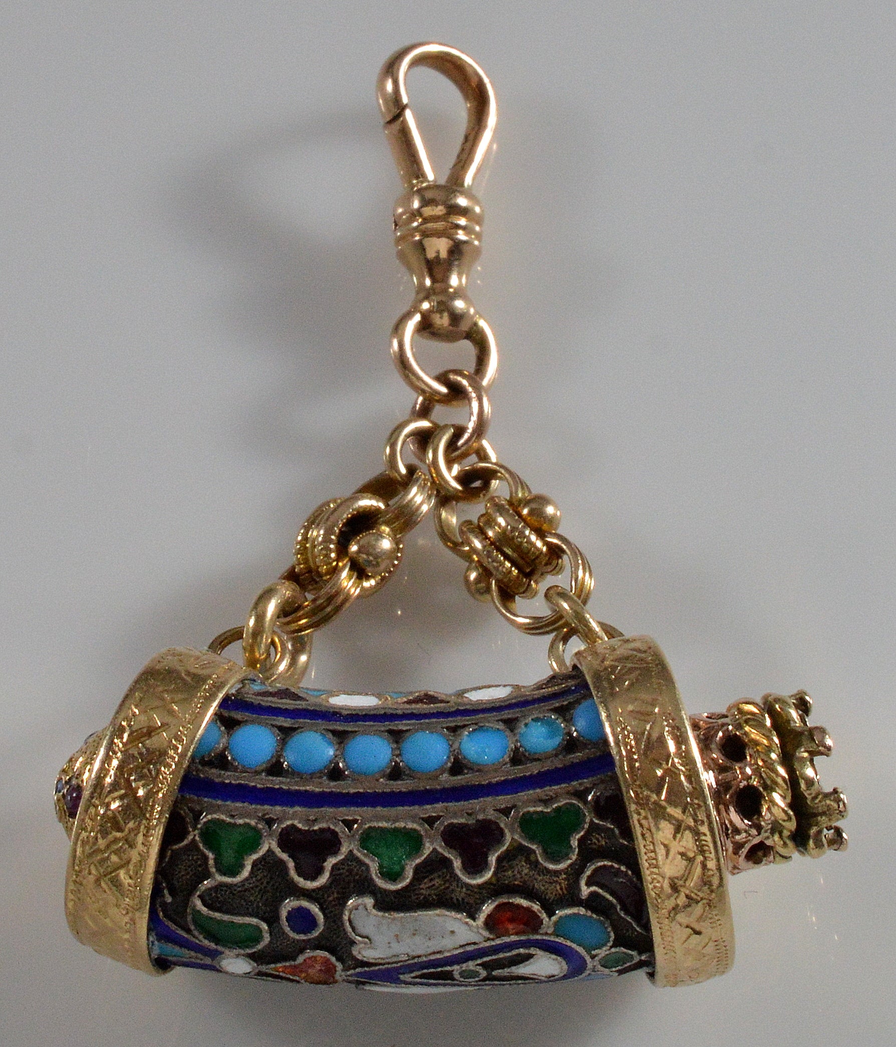 Antique Imperial Russia Enamel Fob Pendant 14K Gold Sterling Ruby Dog Clip Clasp C.1880