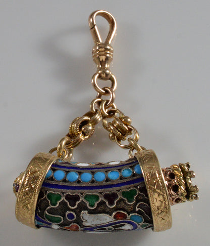 Antique Imperial Russia Enamel Fob Pendant 14K Gold Sterling Ruby Dog Clip Clasp C.1880