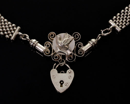 Antique Victorian Padlock Bird Panther Link Chain Sterling Necklace C.1890