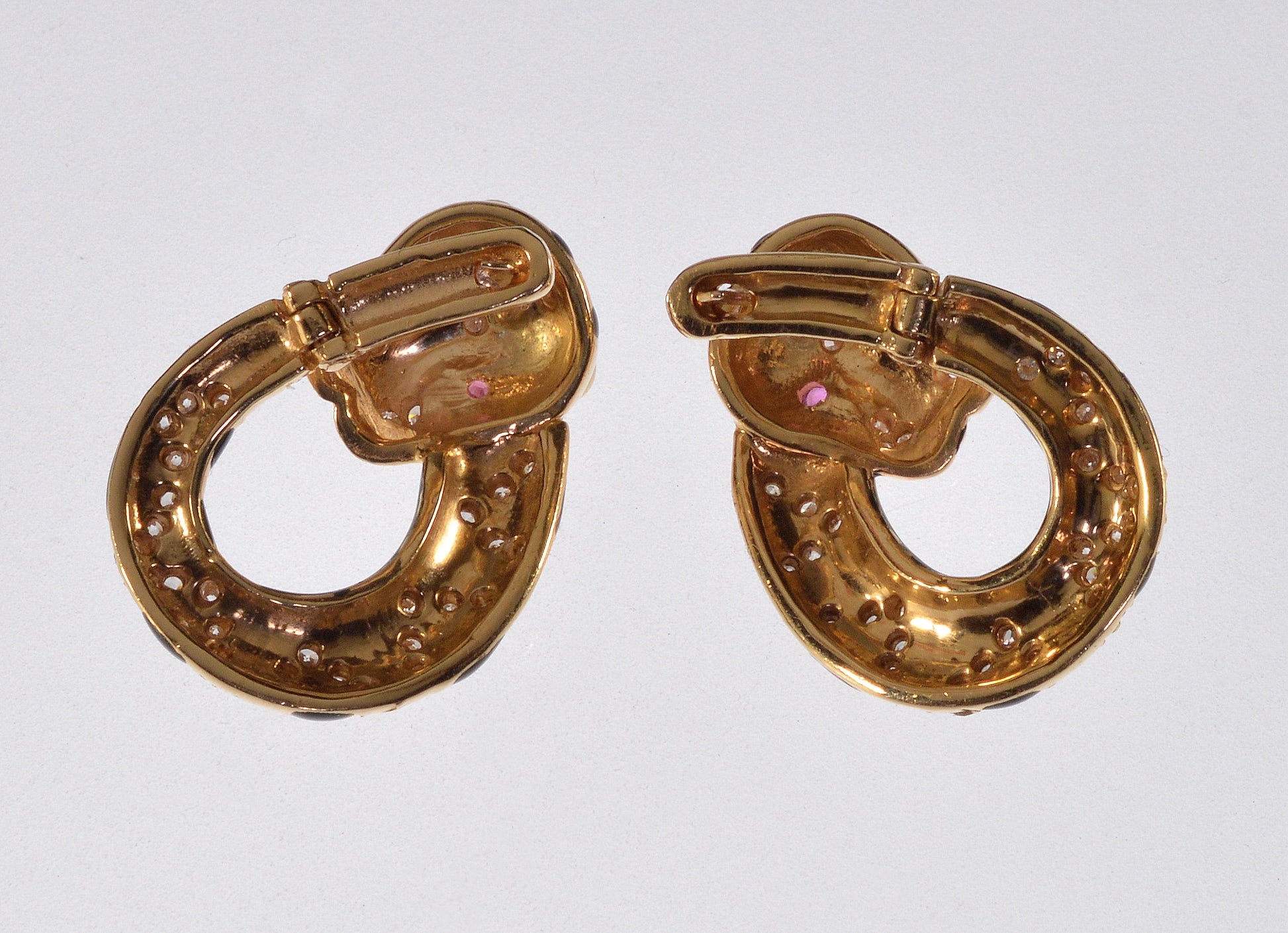 Tiger Earrings 14K Gold Diamond Ruby Enamel C.1960