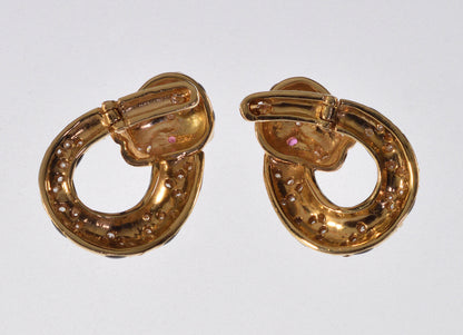 Tiger Earrings 14K Gold Diamond Ruby Enamel C.1960