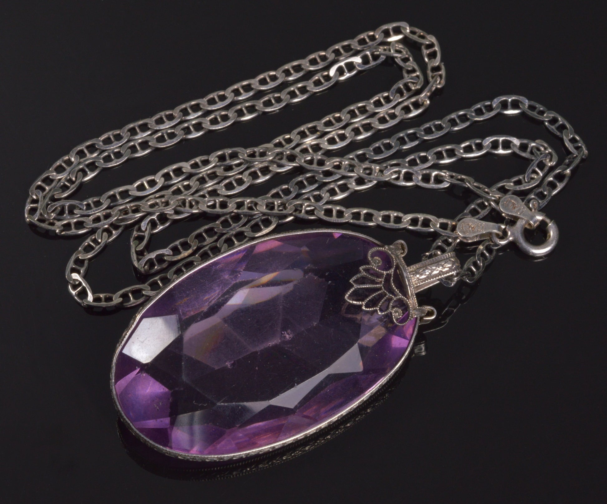 Antique Art Deco Italy Sterling Amethyst Crystal Necklace C.1920