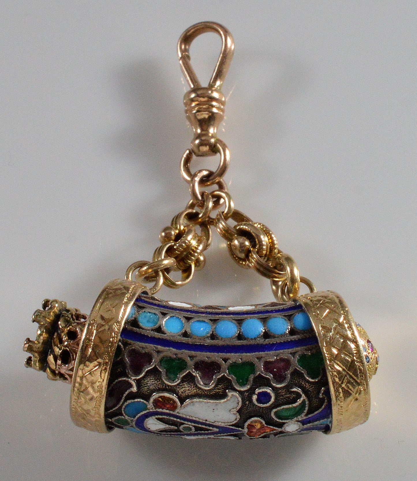 Antique Imperial Russia Enamel Fob Pendant 14K Gold Sterling Ruby Dog Clip Clasp C.1880