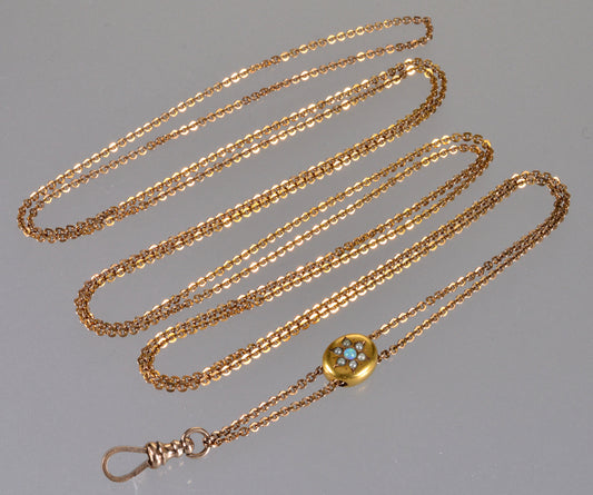 Antique Victorian 10K Gold Opal Pearl Slide Longuard Chain C.1890