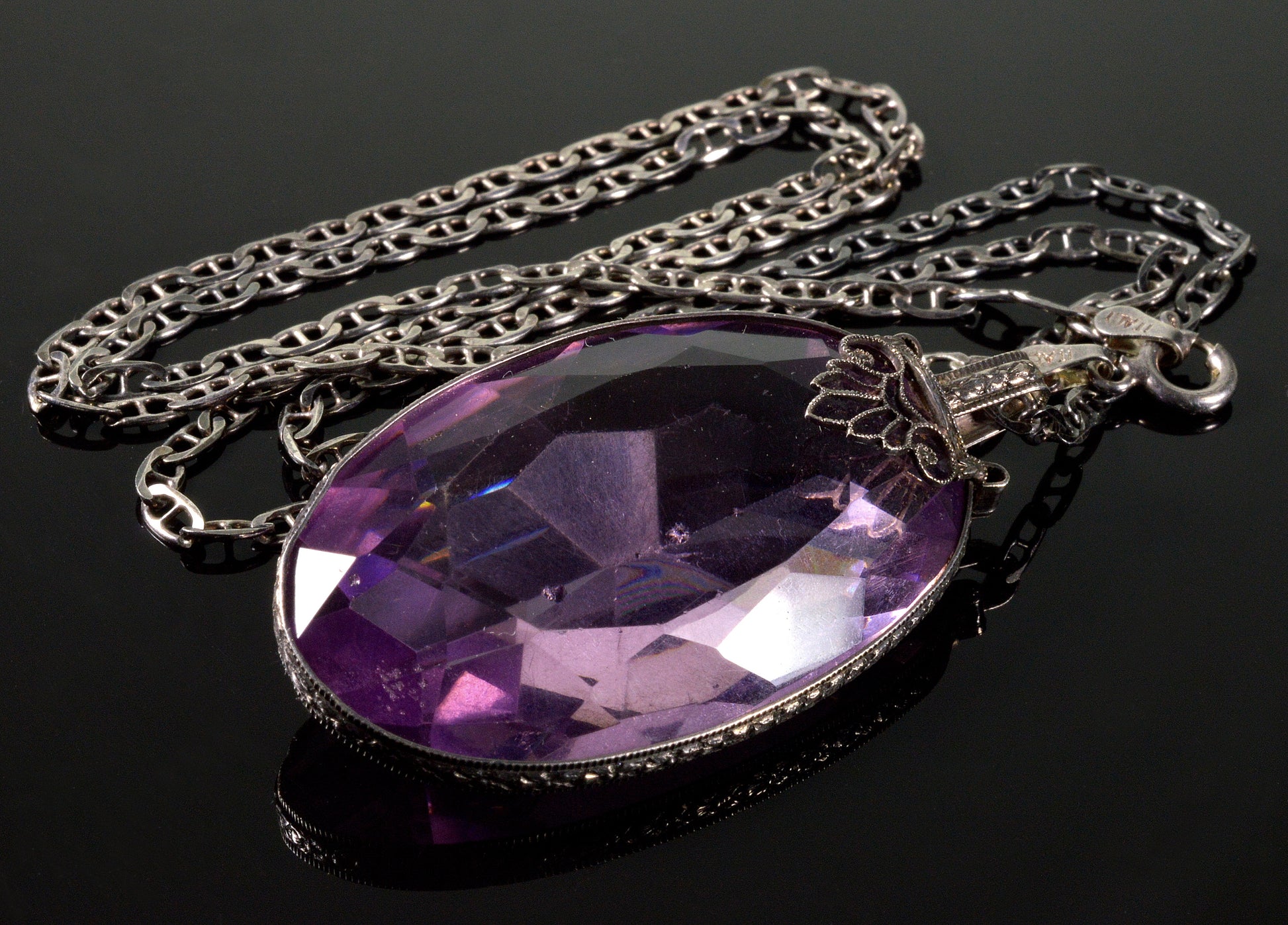 Antique Art Deco Italy Sterling Amethyst Crystal Necklace C.1920