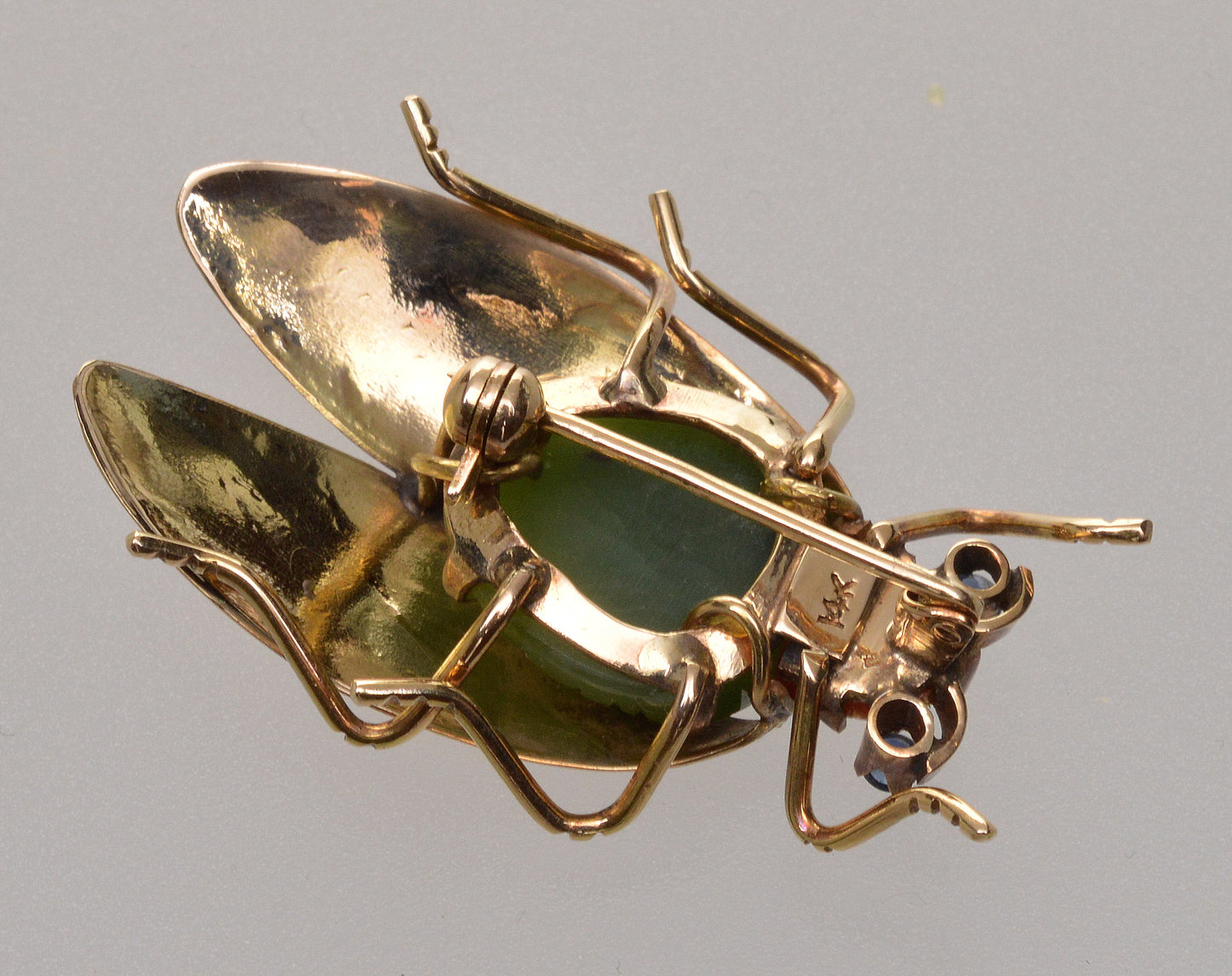 Antique Edwardian 14K Gold Cicada Bug Insect Brooch Pin Jade Coral Sapphire C.1900