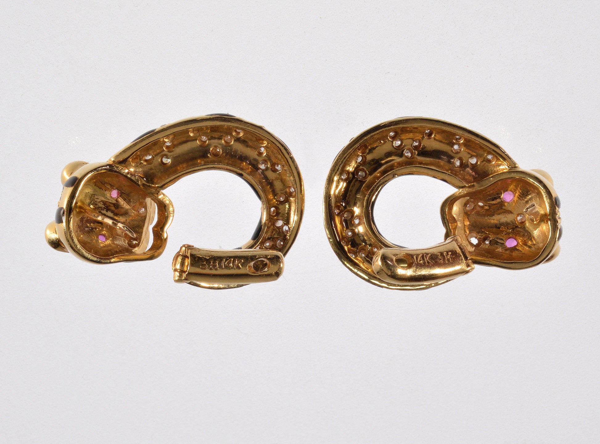 Tiger Earrings 14K Gold Diamond Ruby Enamel C.1960