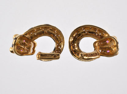 Tiger Earrings 14K Gold Diamond Ruby Enamel C.1960