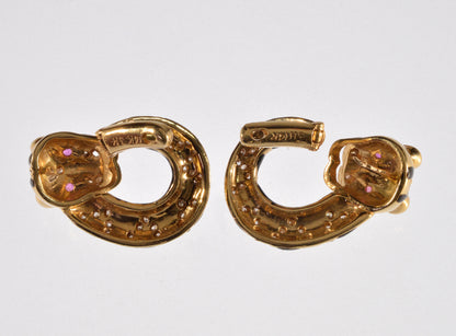 Tiger Earrings 14K Gold Diamond Ruby Enamel C.1960