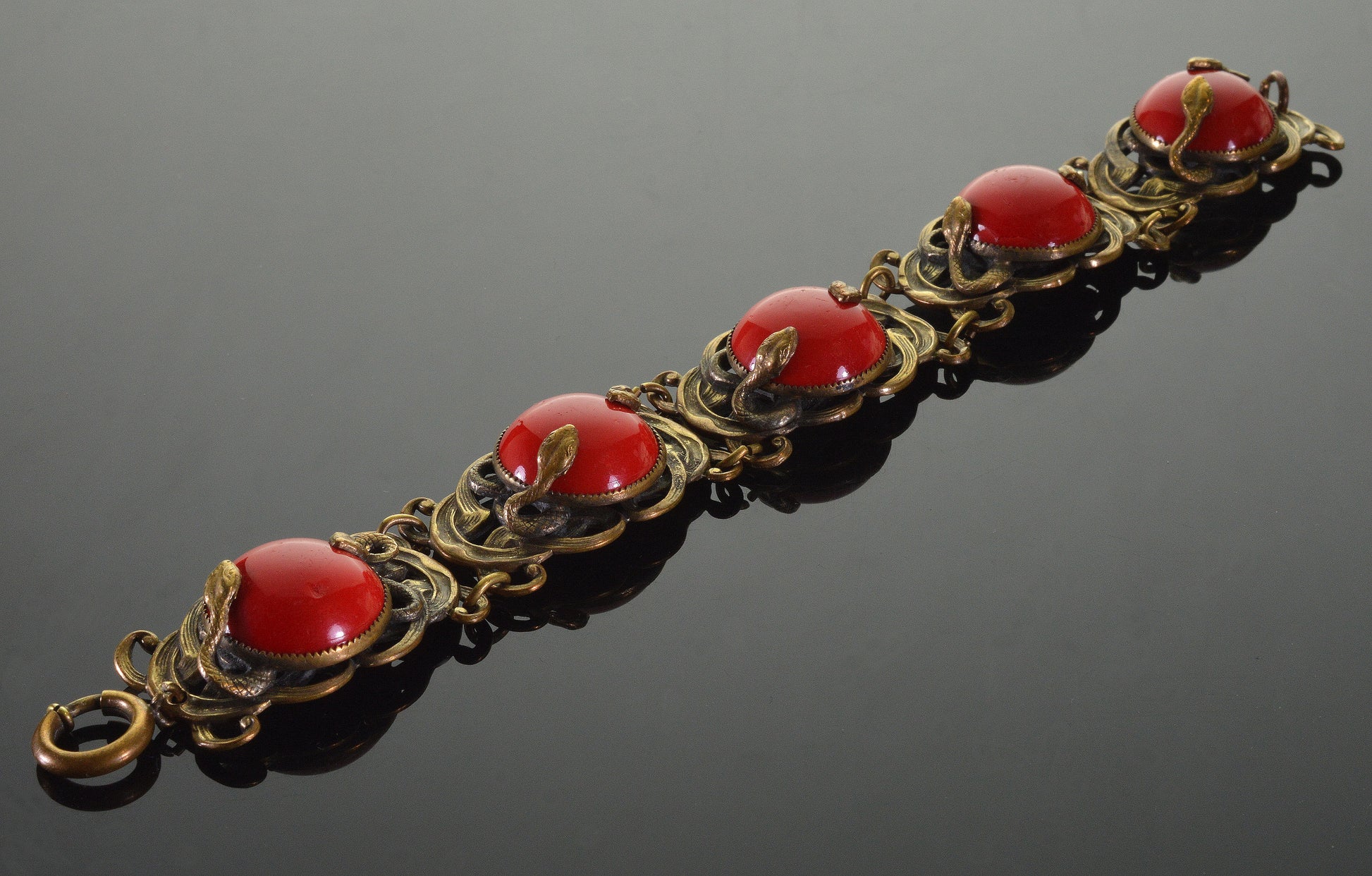 Antique Neiger Snake Lipstick Red Czech Glass Bracelet C.1920