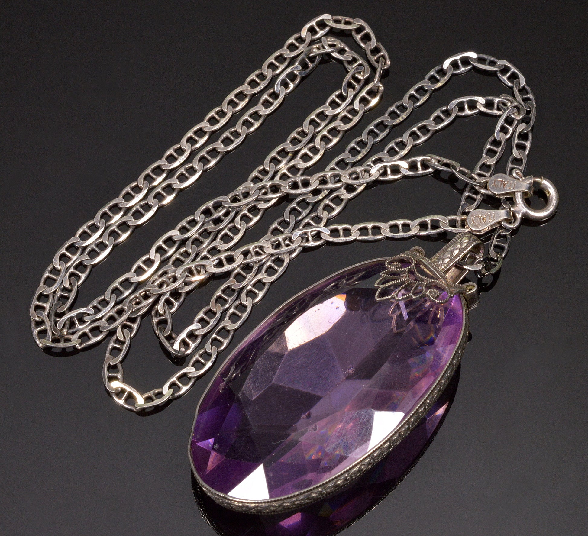 Antique Art Deco Italy Sterling Amethyst Crystal Necklace C.1920