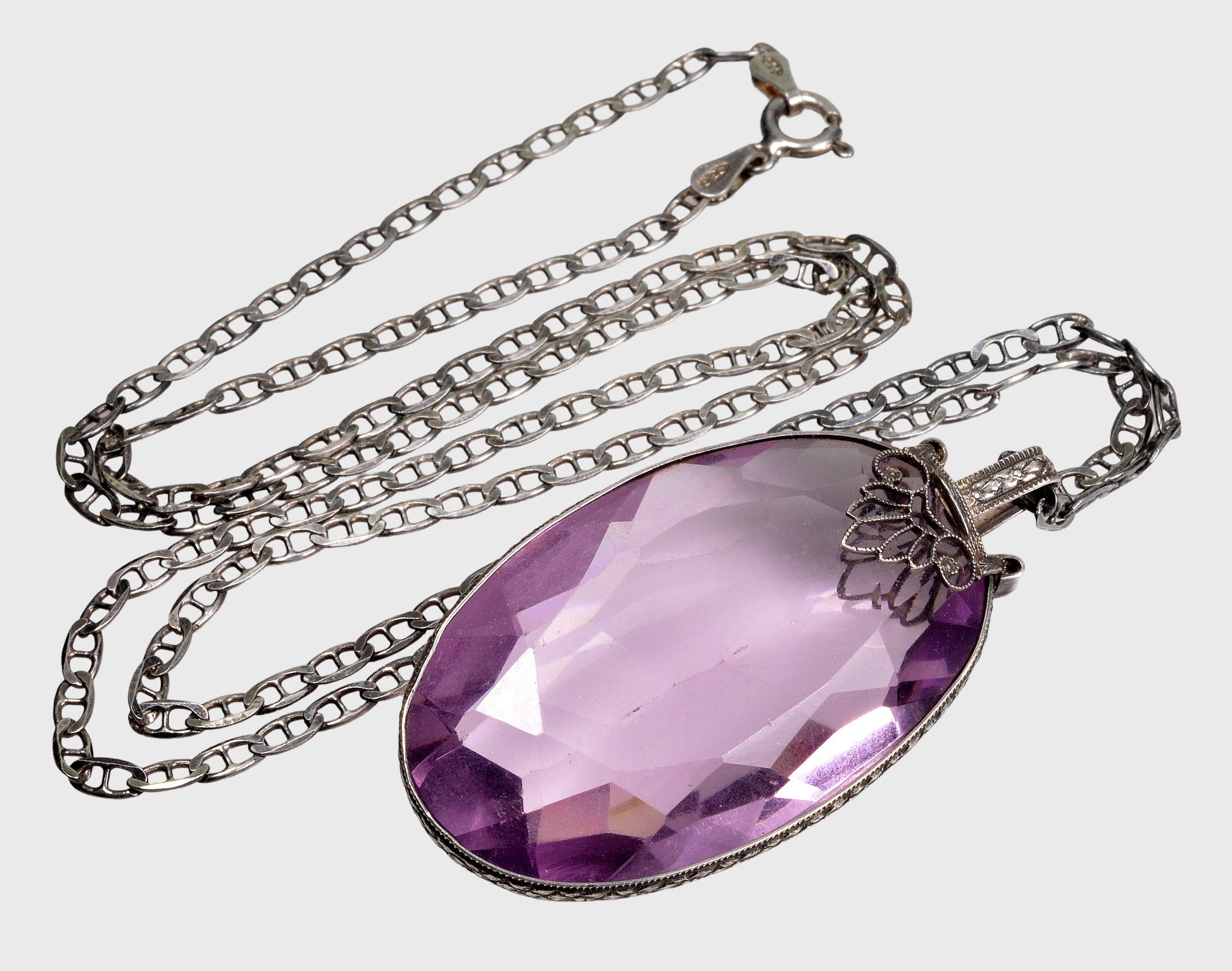 Antique Art Deco Italy Sterling Amethyst Crystal Necklace C.1920