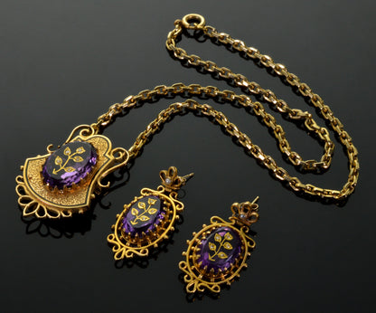 Antique 14K Gold Rose Of Sharon Inlay Amethyst Diamond Earrings Necklace Set C.1900