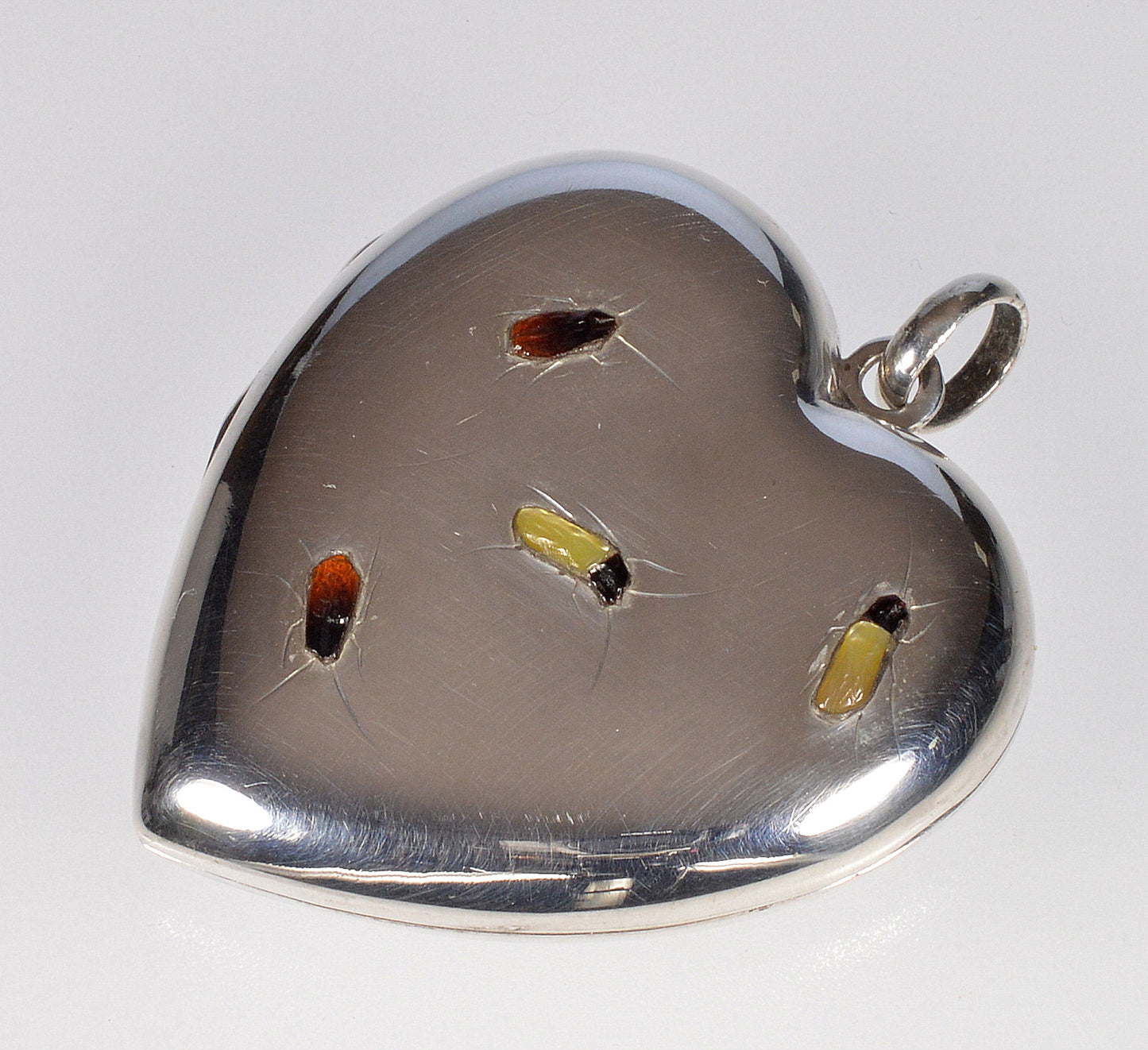 Vintage Japanese Shibayama Insect Sterling Silver Heart Locket Pendant