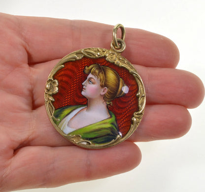 Antique Swiss Enamel Large Portrait Pendant Sterling C.1900