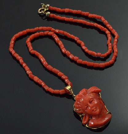 Antique Victorian 14K Red Coral Cameo Pendant Necklace C.1890