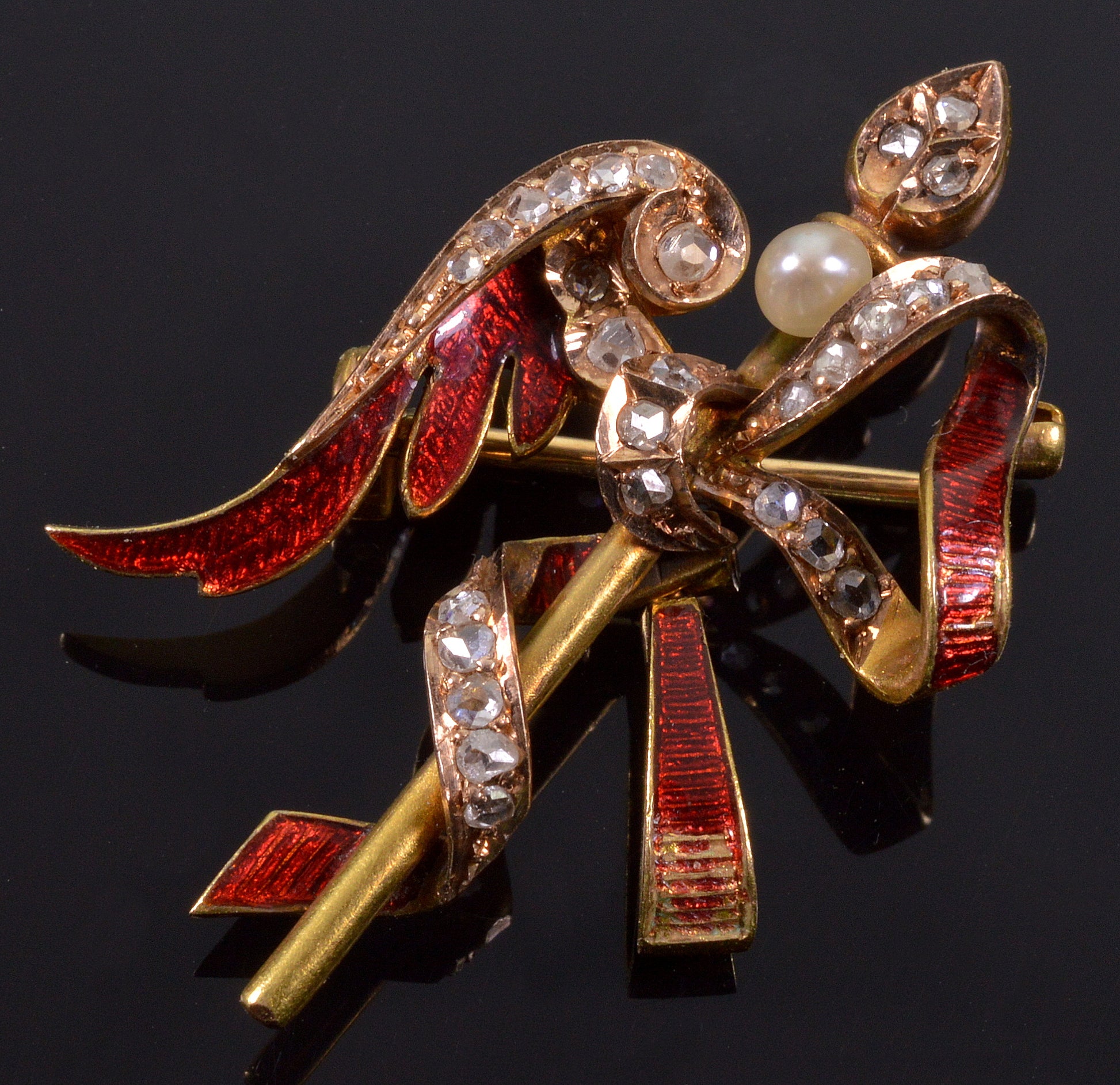 Antique Georgian Angel Wing Arrow Enamel 18K Gold Diamonds Brooch Pin C.1820