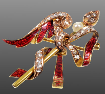 Antique Georgian Angel Wing Arrow Enamel 18K Gold Diamonds Brooch Pin C.1820