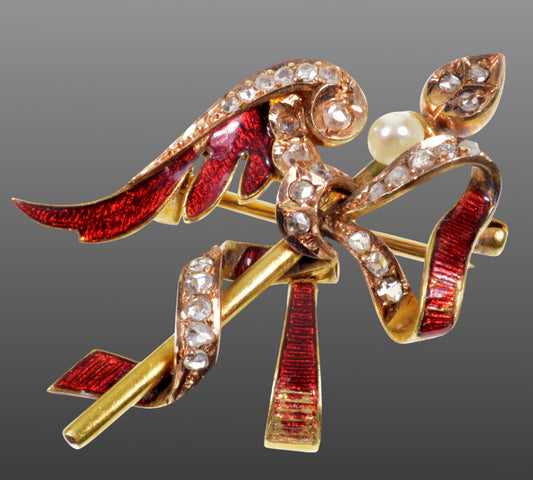 Antique Georgian Angel Wing Arrow Enamel 18K Gold Diamonds Brooch Pin C.1820