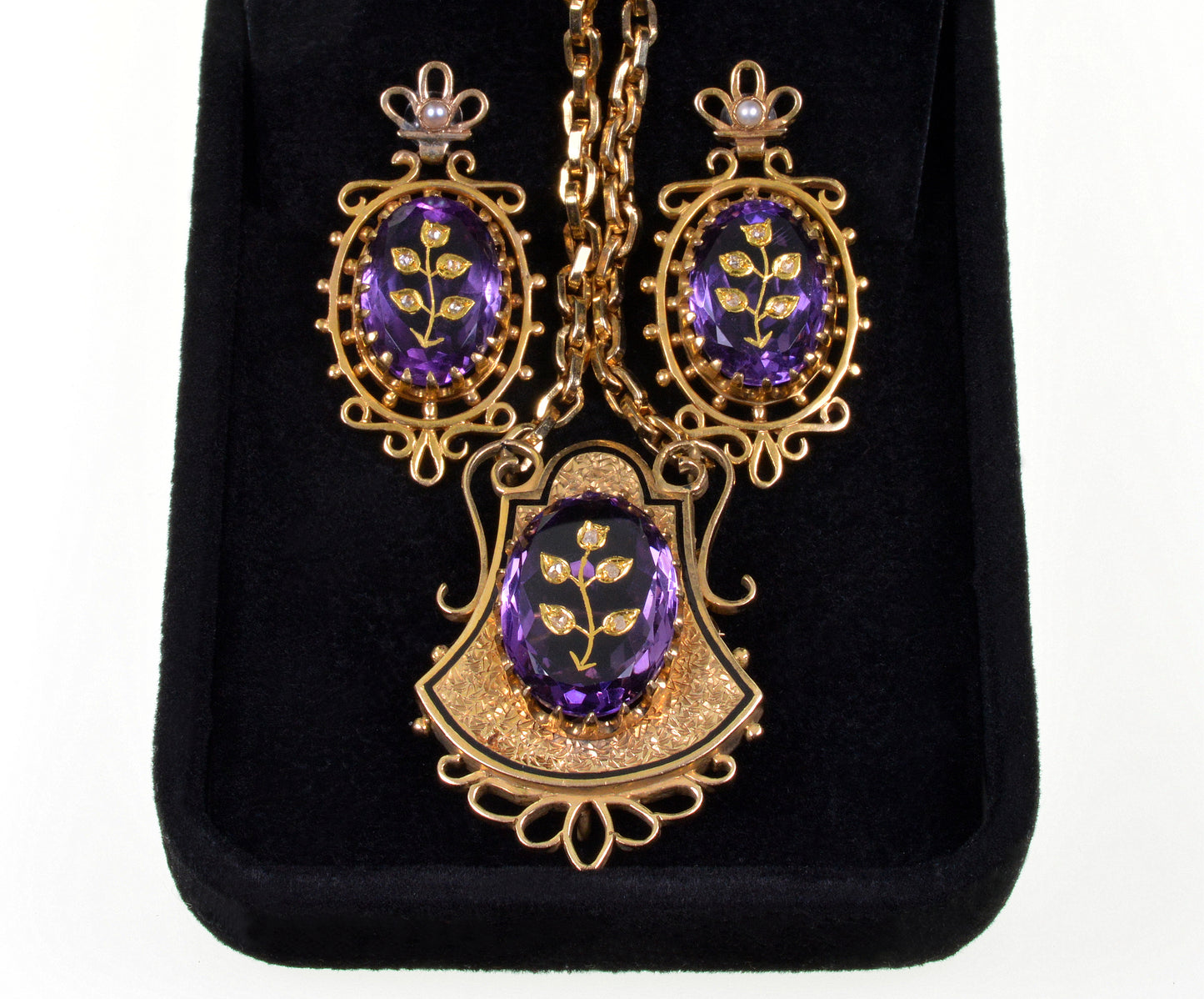 Antique 14K Gold Rose Of Sharon Inlay Amethyst Diamond Earrings Necklace Set C.1900