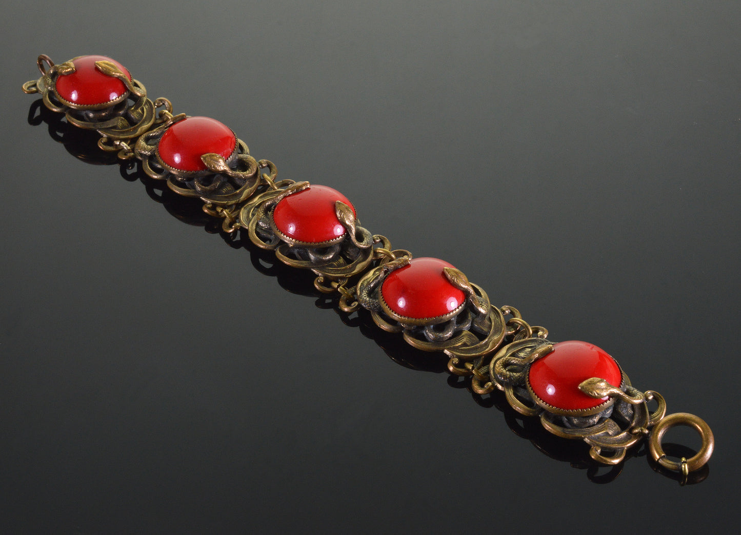 Antique Neiger Snake Lipstick Red Czech Glass Bracelet C.1920