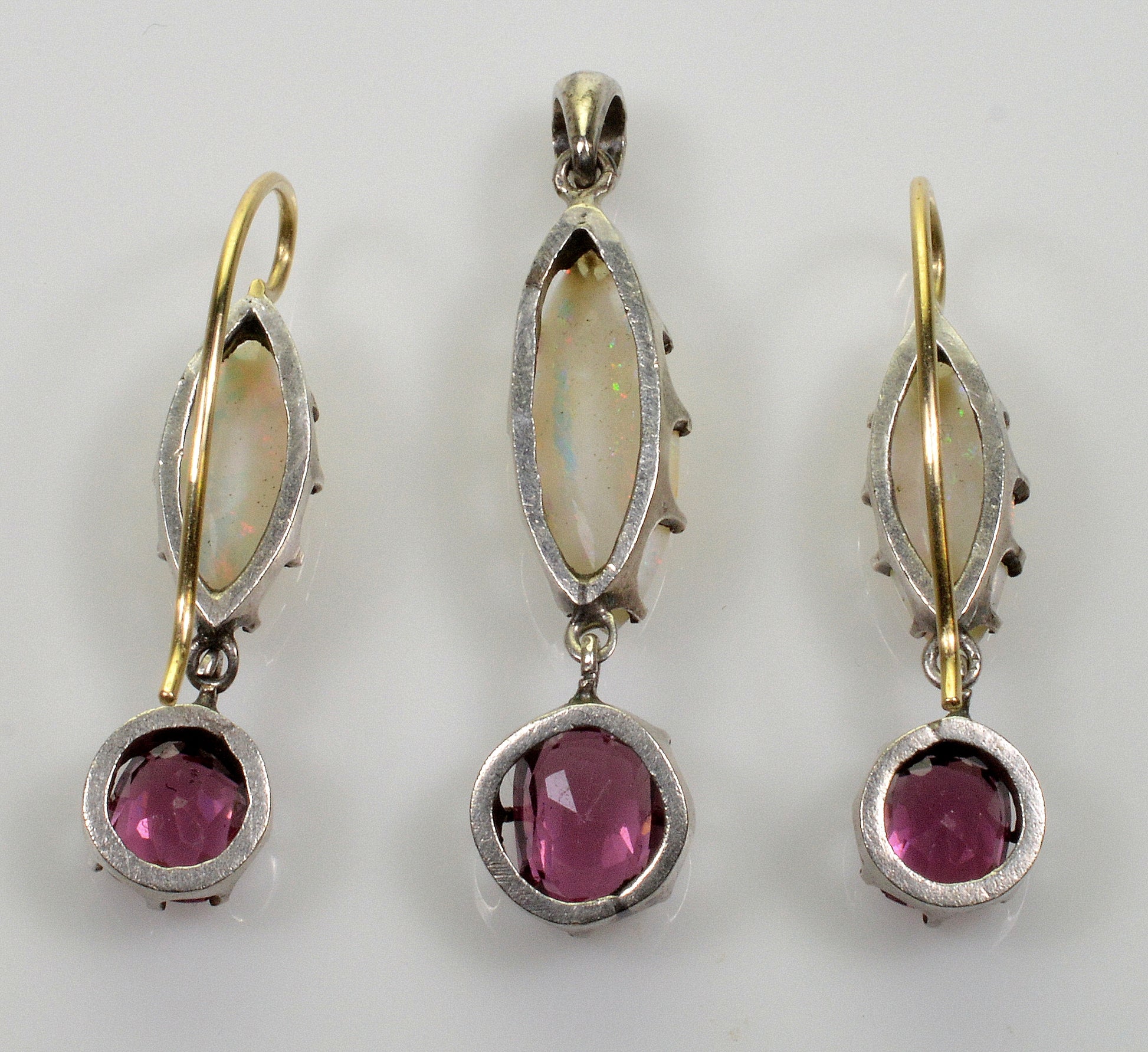 Victorian Opal Garnet Earrings Pendant Set 14K Sterling C.1890 003622