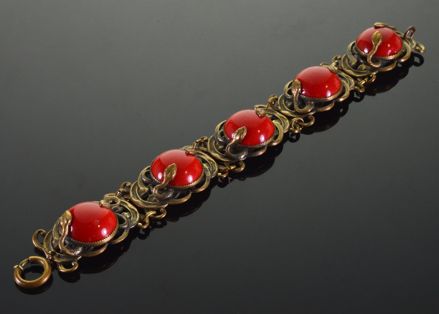 Antique Neiger Snake Lipstick Red Czech Glass Bracelet C.1920