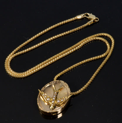 Victorian 14K Gold Large Swallow Bird Slide w Italian Chain Necklace
