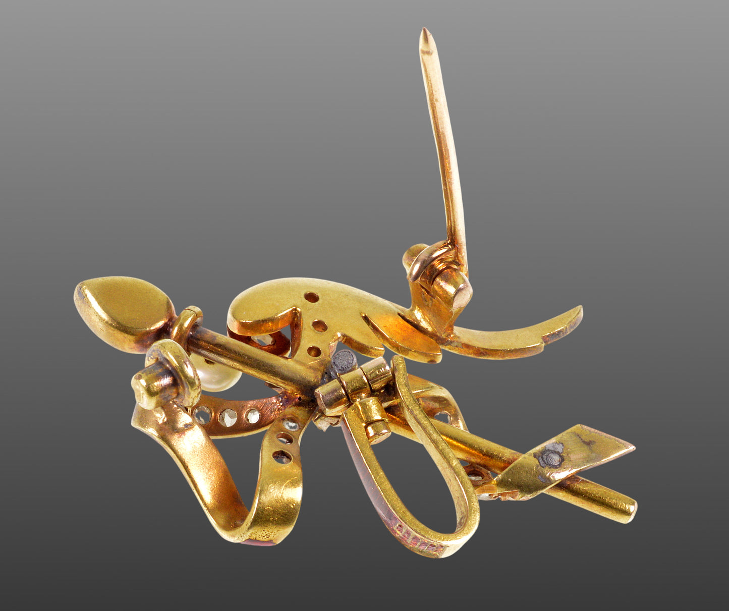 Antique Georgian Angel Wing Arrow Enamel 18K Gold Diamonds Brooch Pin C.1820
