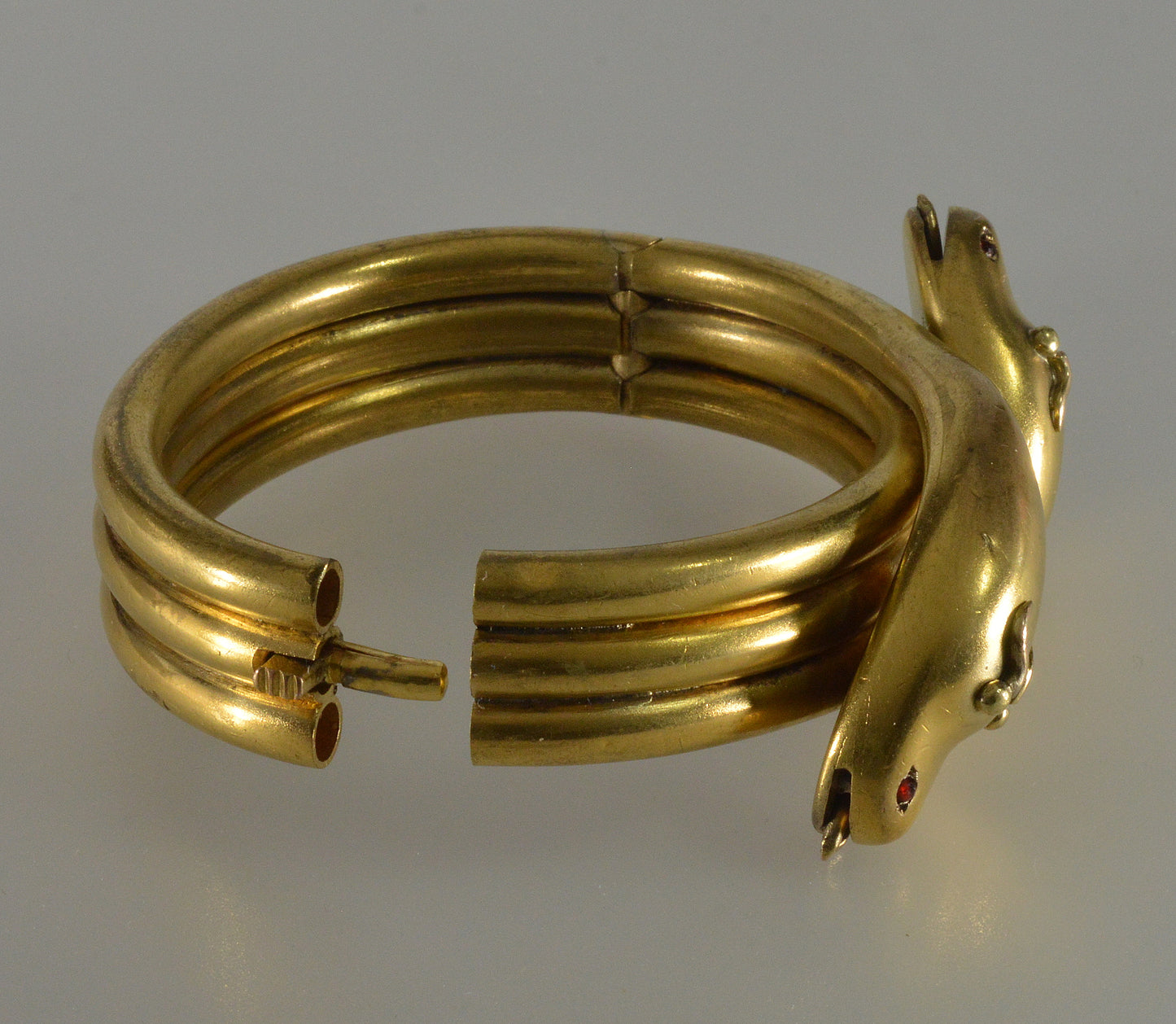 Antique Victorian Double Snake Garnet Gold Filled Hinged Bangle Bracelet