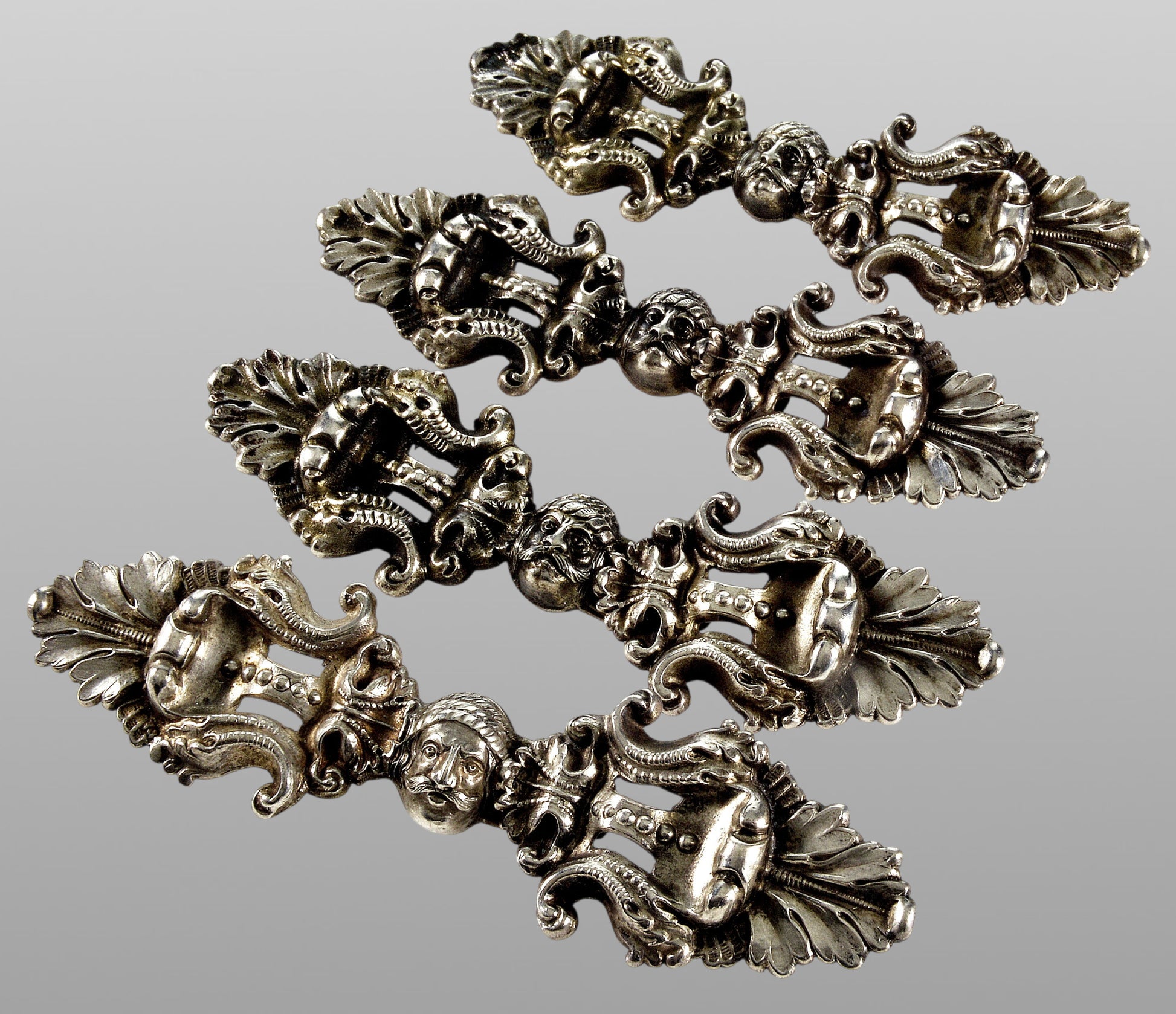 Antique Austro-Hungarian Hermann Ratzersdorfer Set of 4 Silver Cape Buckles C.1860