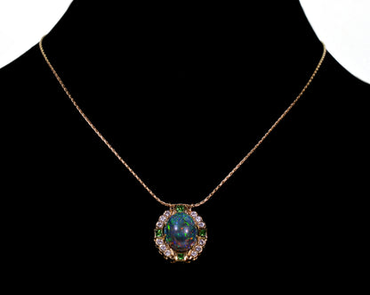 Estate 18K Gold Black Opal Diamond Tsavorite Pendant 14K Chain Necklace