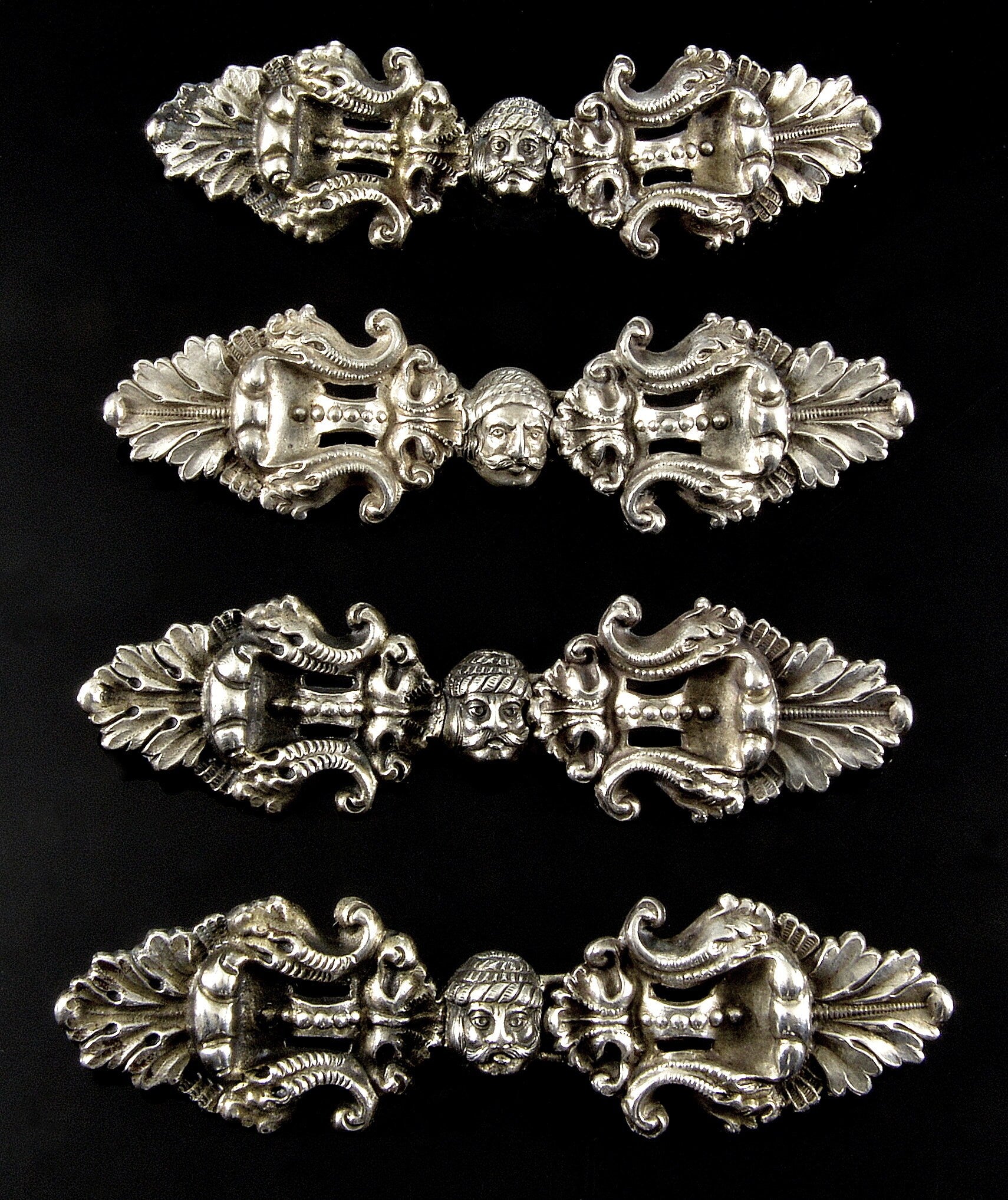 Antique Victorian Austro-Hungarian Hermann Ratzersdorfer Set of 4 Silver Cape Buckles C.1860