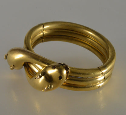 Antique Victorian Double Snake Garnet Gold Filled Hinged Bangle Bracelet