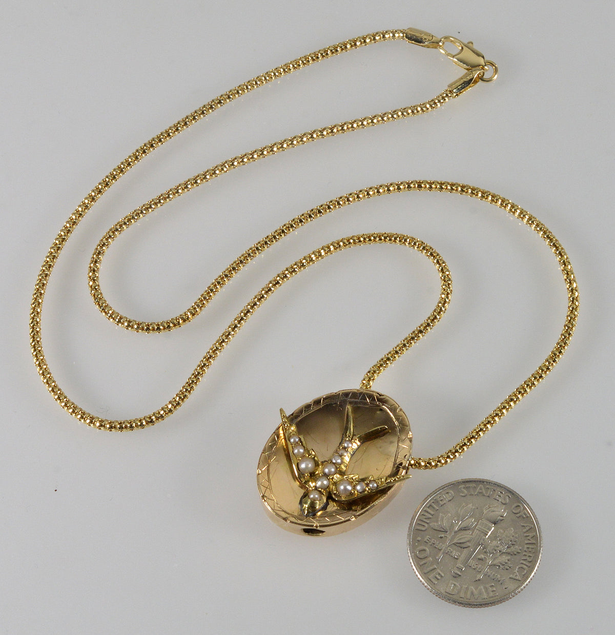 Victorian 14K Gold Large Swallow Bird Slide w Italian Chain Necklace