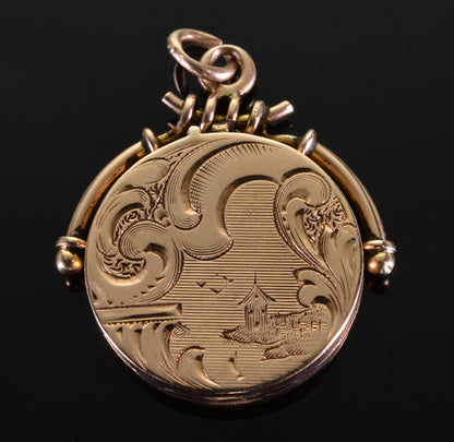 Antique Victorian 10K Gold Scenic Locket Pendant C.1890