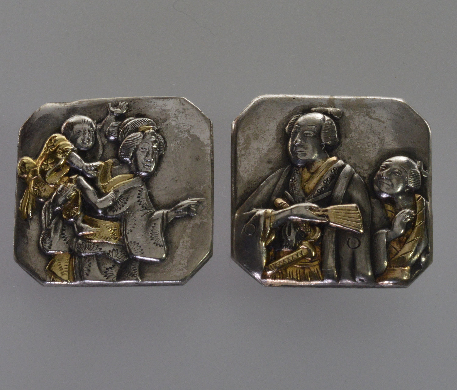Antique Japanese Shakudo Mixed Metal Cufflinks Samurai Figural Meiji C.1880