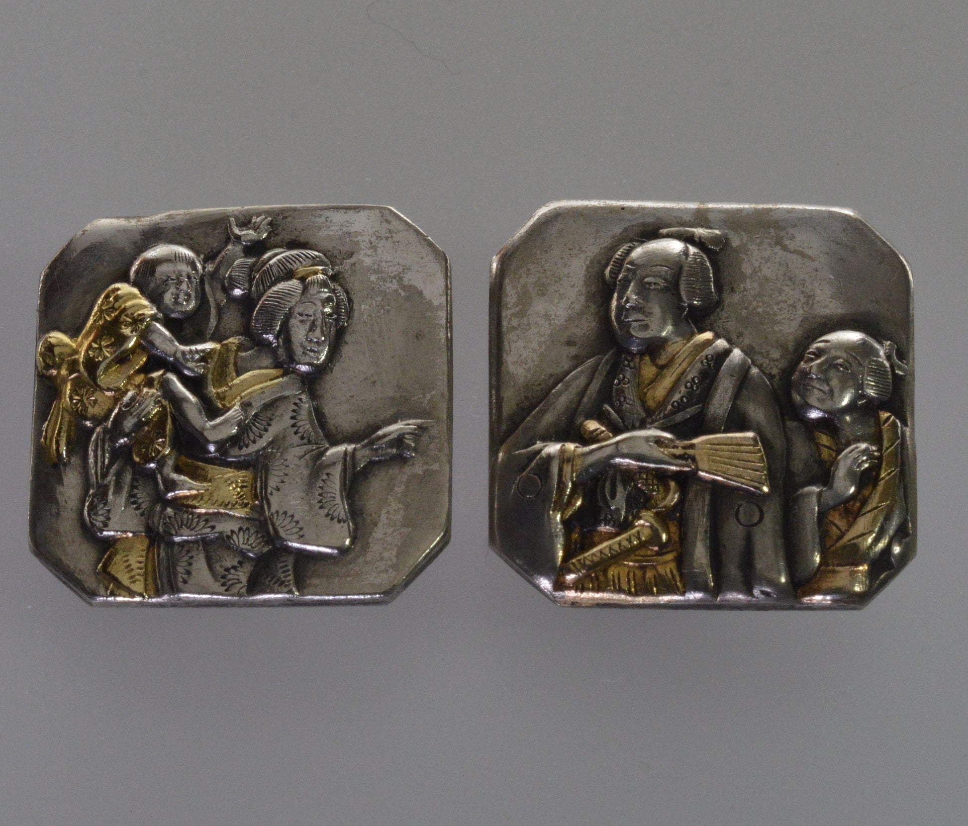 Antique Japanese Shakudo Mixed Metal Cufflinks Samurai Figural Meiji C.1880